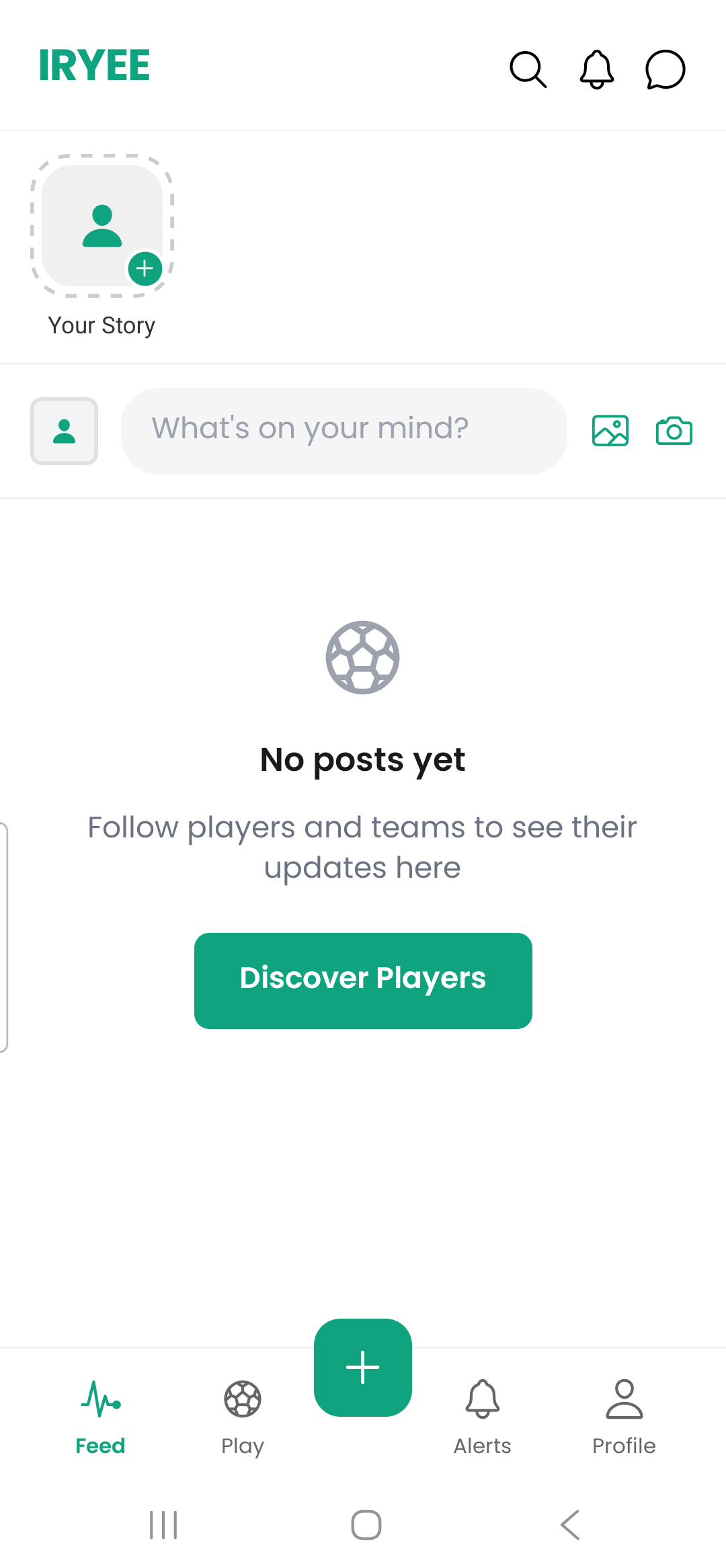 The IRYEE social feed with stories, a post composer, and updates from players and teams