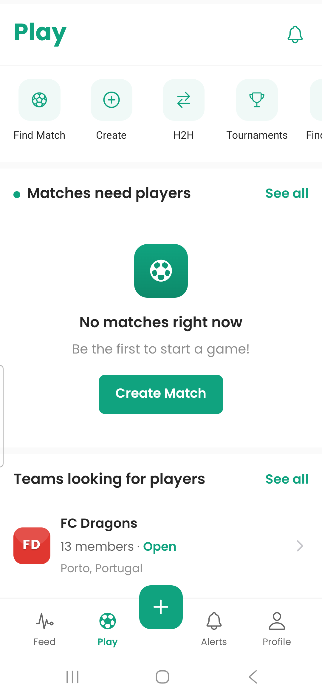 The Play screen: find matches that need players, create a match, or challenge a team head to head