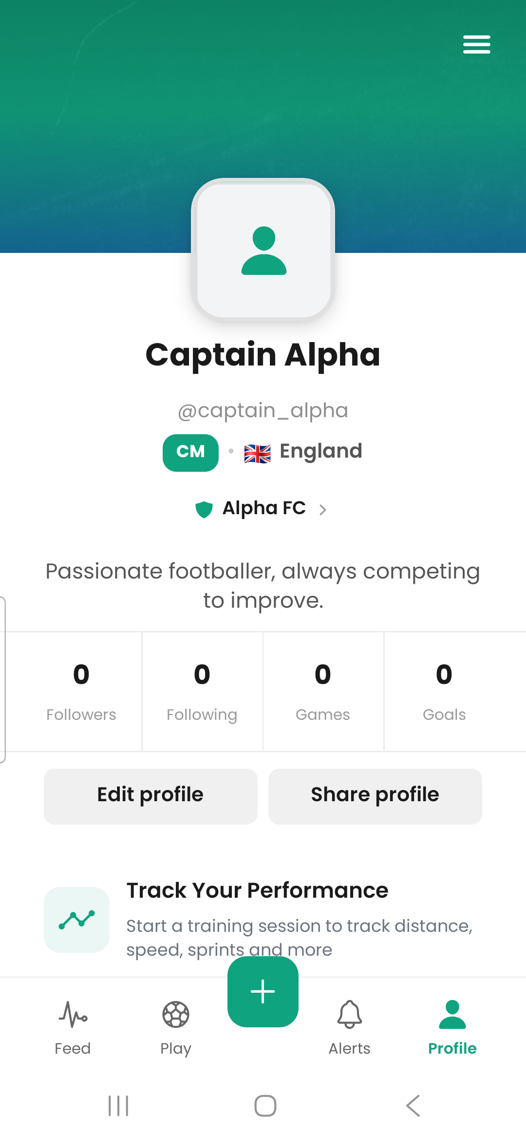 A player profile showing position, nationality, team, followers, games, and goals