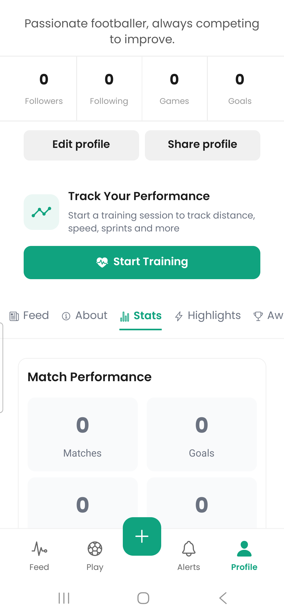 The match performance screen showing matches, goals, and tracked stats