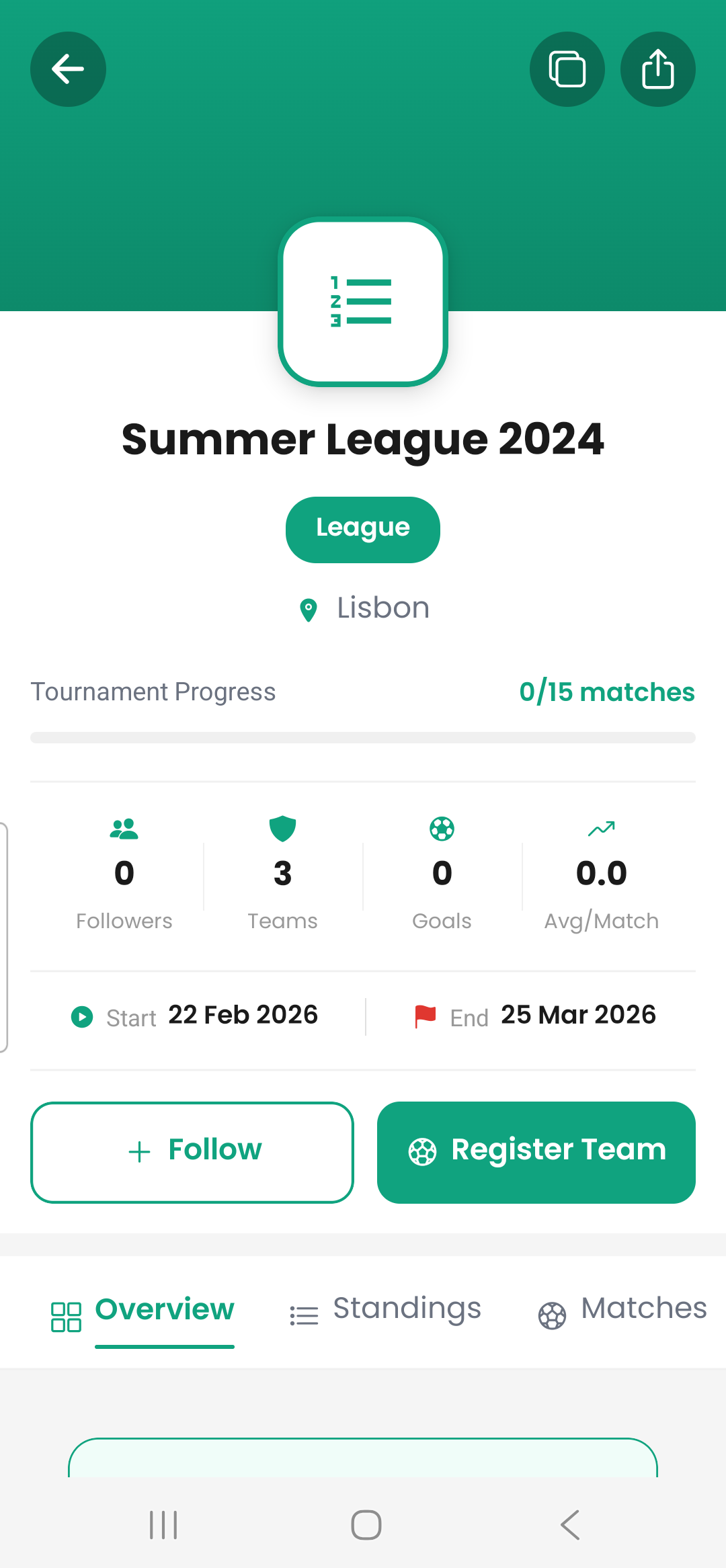 Tournament detail screen with progress, teams, goals, start and end dates, and standings