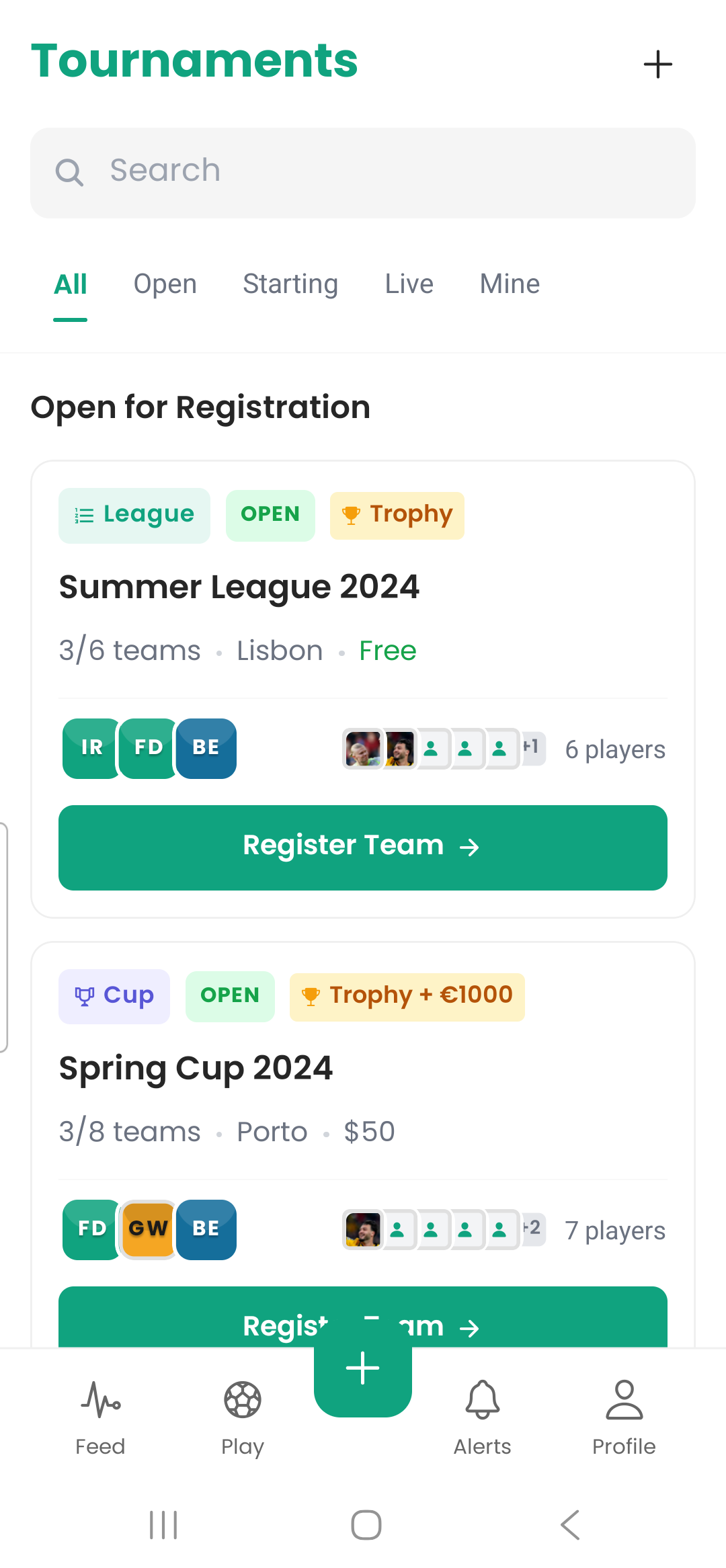 Tournaments list showing Summer League and Spring Cup open for registration